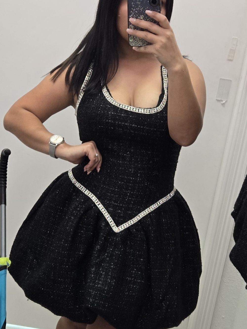 Black Party Bubble Dress with Rhinestone Trim